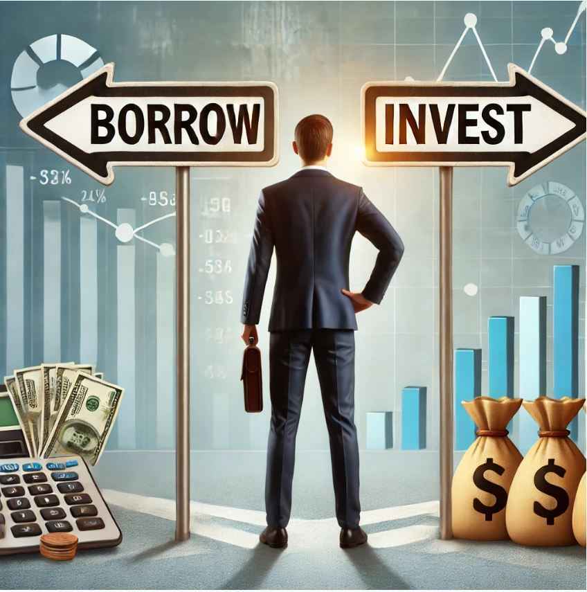 A professional illustration of a person standing at a crossroads with signs labeled 'Borrow' and 'Invest'. The background features financial elements like charts, money bags, and a calculator, symbolizing decision-making in borrowing to invest.