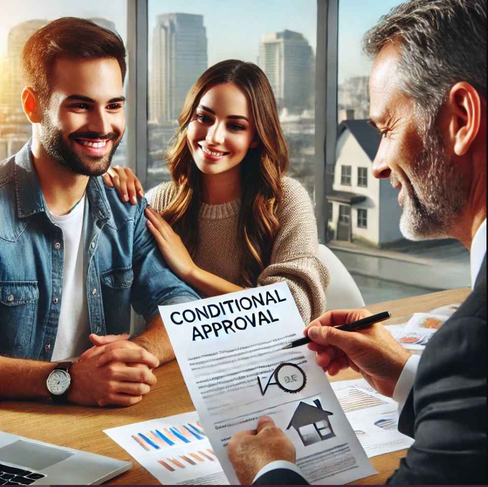 Conditional approval document on a desk beside a laptop and mortgage paperwork.