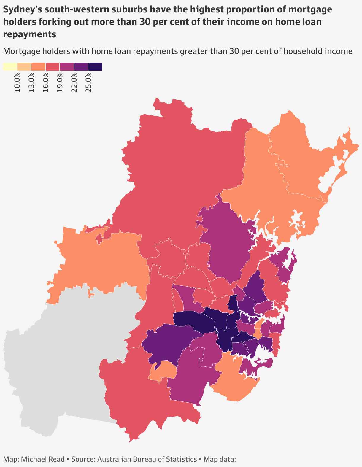 Map highlighting Australian mortgage stress rates in Sydney, showing that south-western suburbs have the highest proportion of mortgage holders spending over 30% of their income on home loan repayments. Dark purple areas indicate the most affected regions, based on data from the Australian Bureau of Statistics.