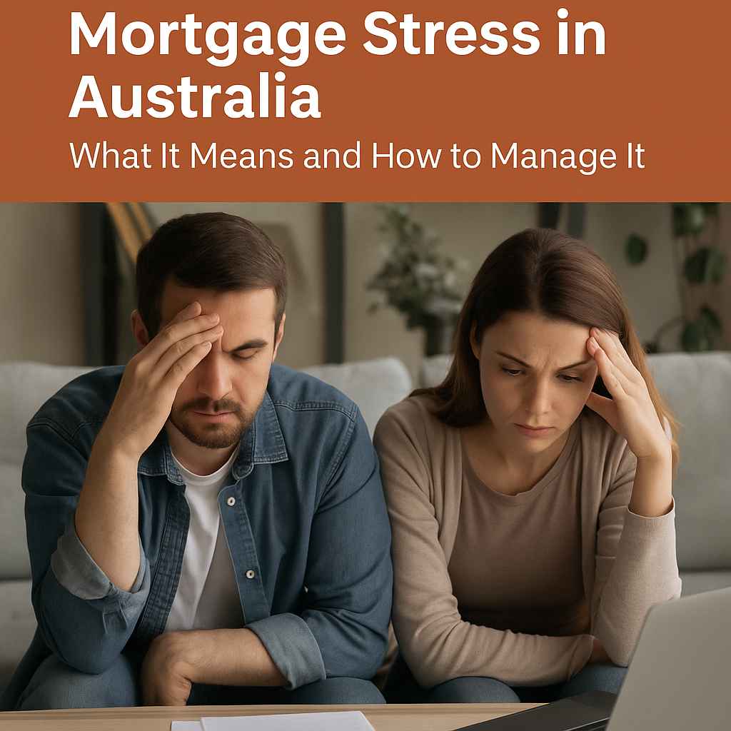 A worried couple sits at home reviewing bills, highlighting the emotional toll of mortgage stress in Australia and the need for ways to manage mortgage stress.